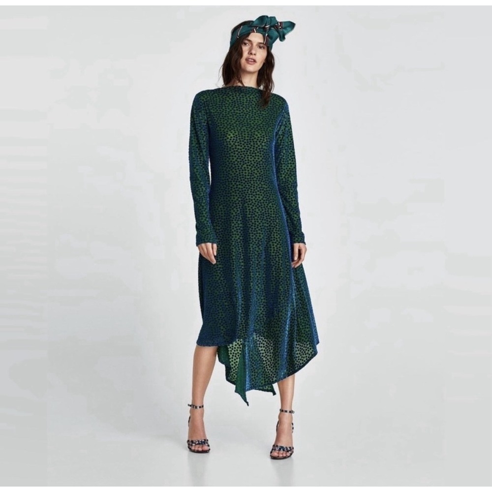 Zara Collection Blue Green Polka Dot Velvet Dress Asymmetrical Hem Sz M
